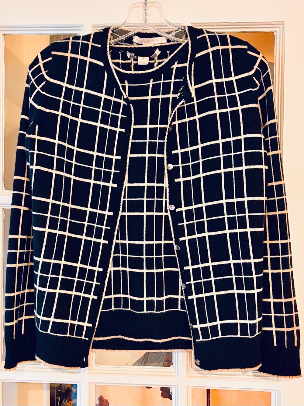 BELFORD 100% Cashmere Twin Set S Black Beige Grid Plaid Cardigan Tank Sweater